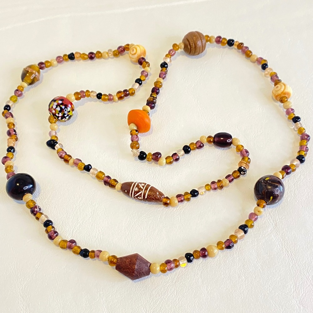 Long Beaded Necklace Vintage‎ Glass Wood Mixed Earthy Tones Boho Artisan 36"